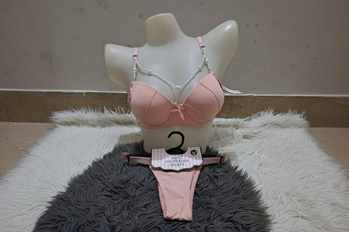 BLS Luxe Rosewood Bra & Thong Set - Beaded Straps & Padded Cups