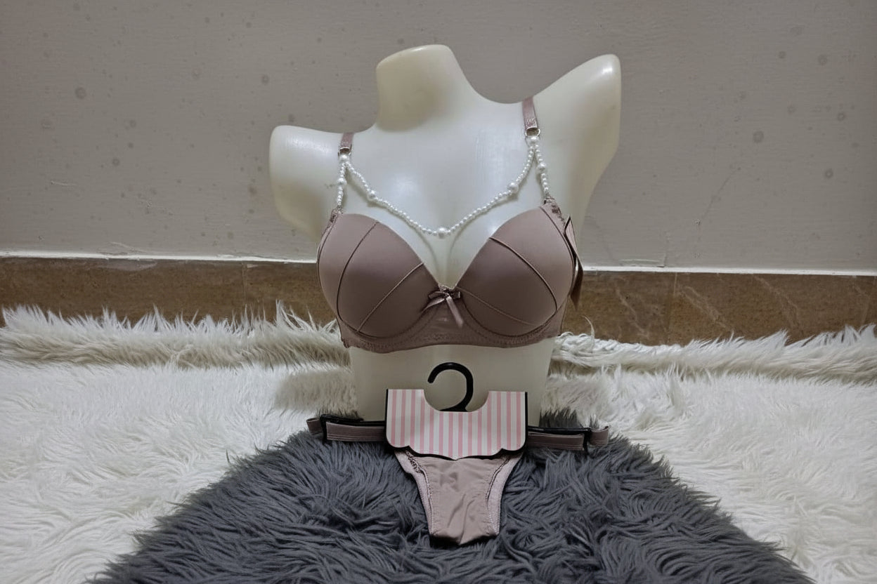 BLS Luxe Rosewood Bra & Thong Set - Beaded Straps & Padded Cups