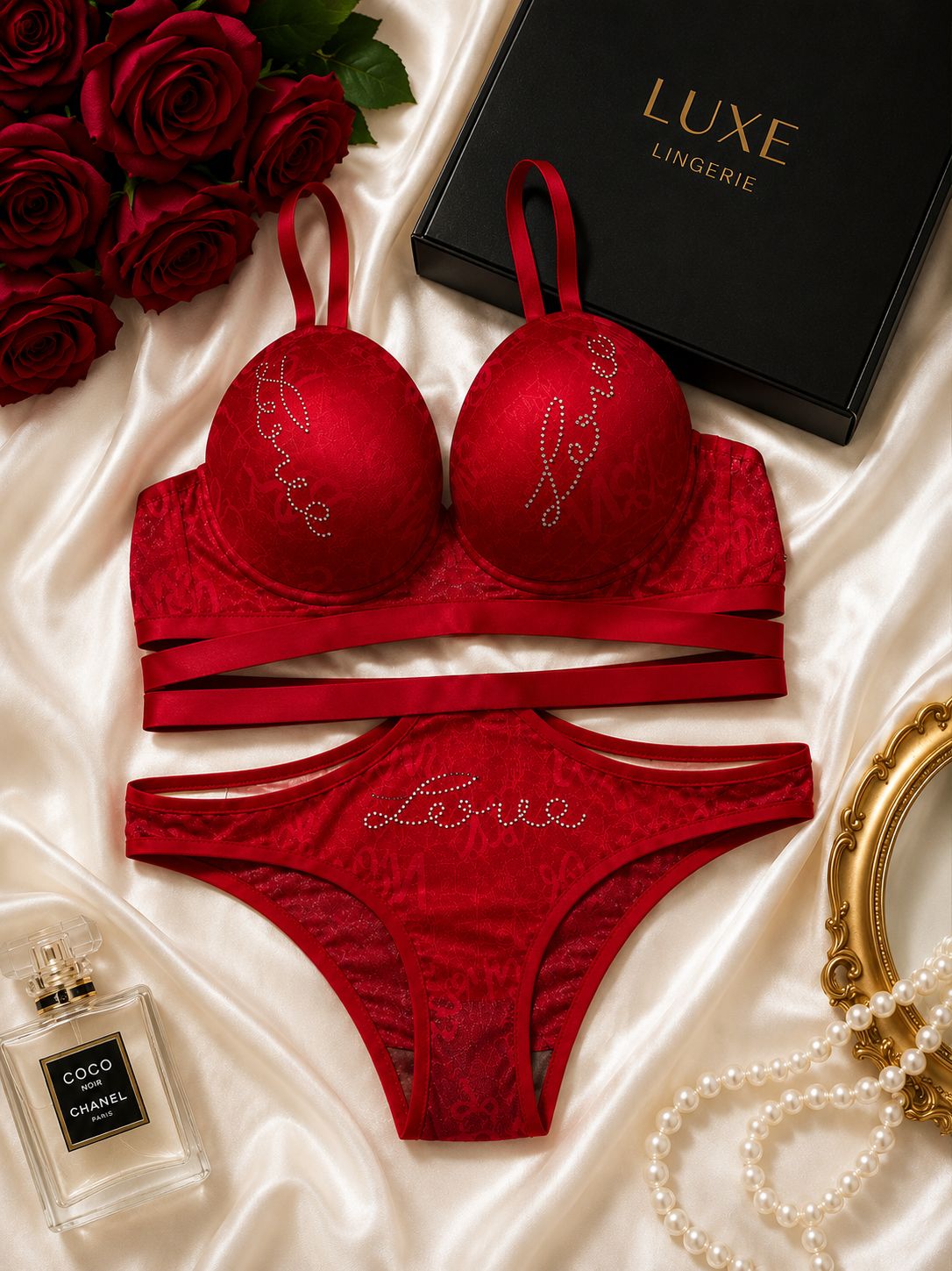 Love Luxe Rhinestone Lace Lingerie Set